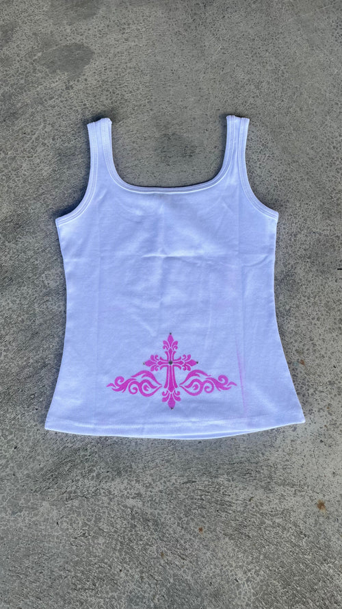 Brat tank back - ornate pink cross design