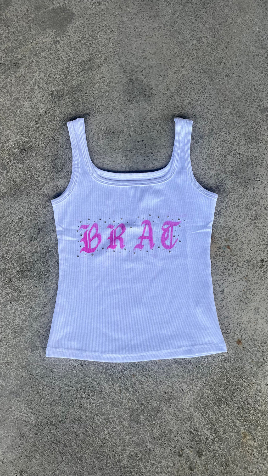 Brat tank front - gothic lettering with rhinestone studs